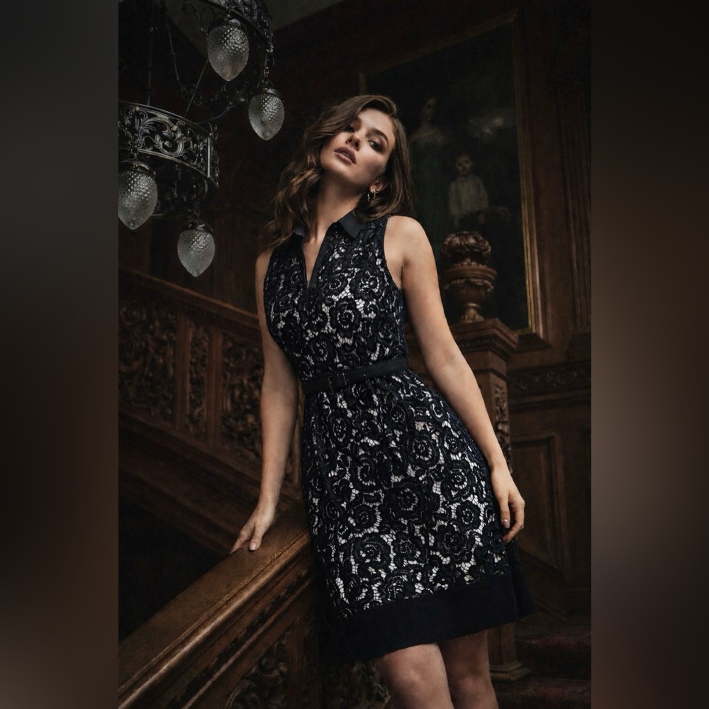 Cynthia Steffe Black Floral Lace Belted Fit & Flare Cocktail Dress Size 4